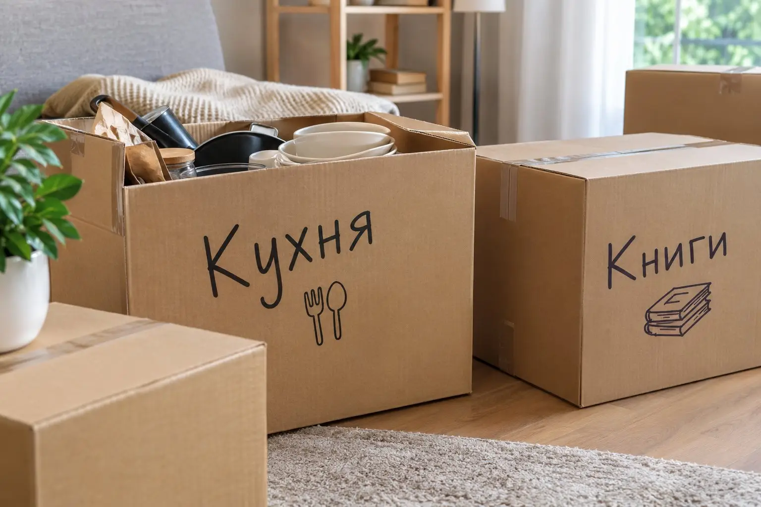 промаркированные коробки для переезда с надписями 