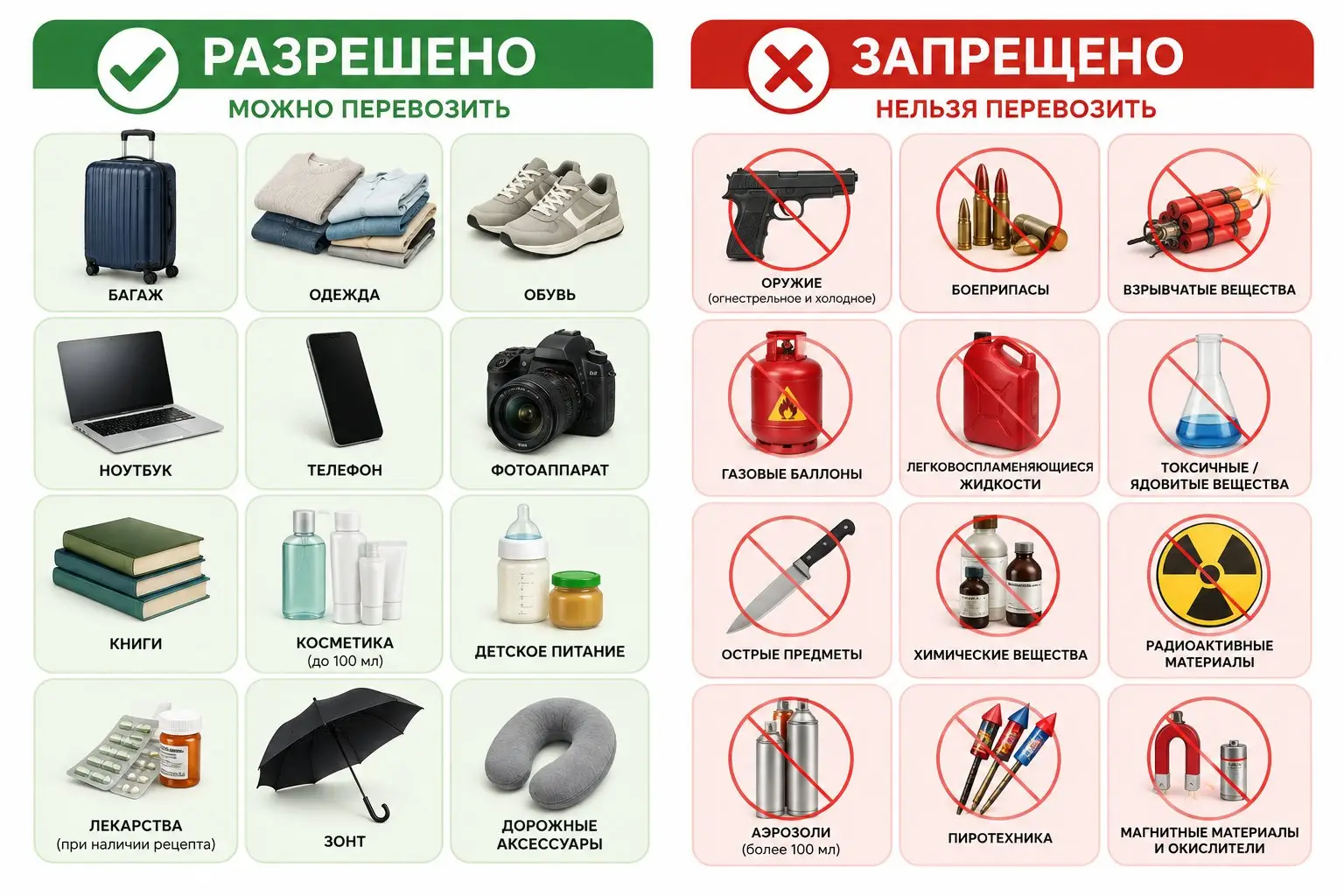 инфографика разрешенные и запрещенные вещи для перевозки