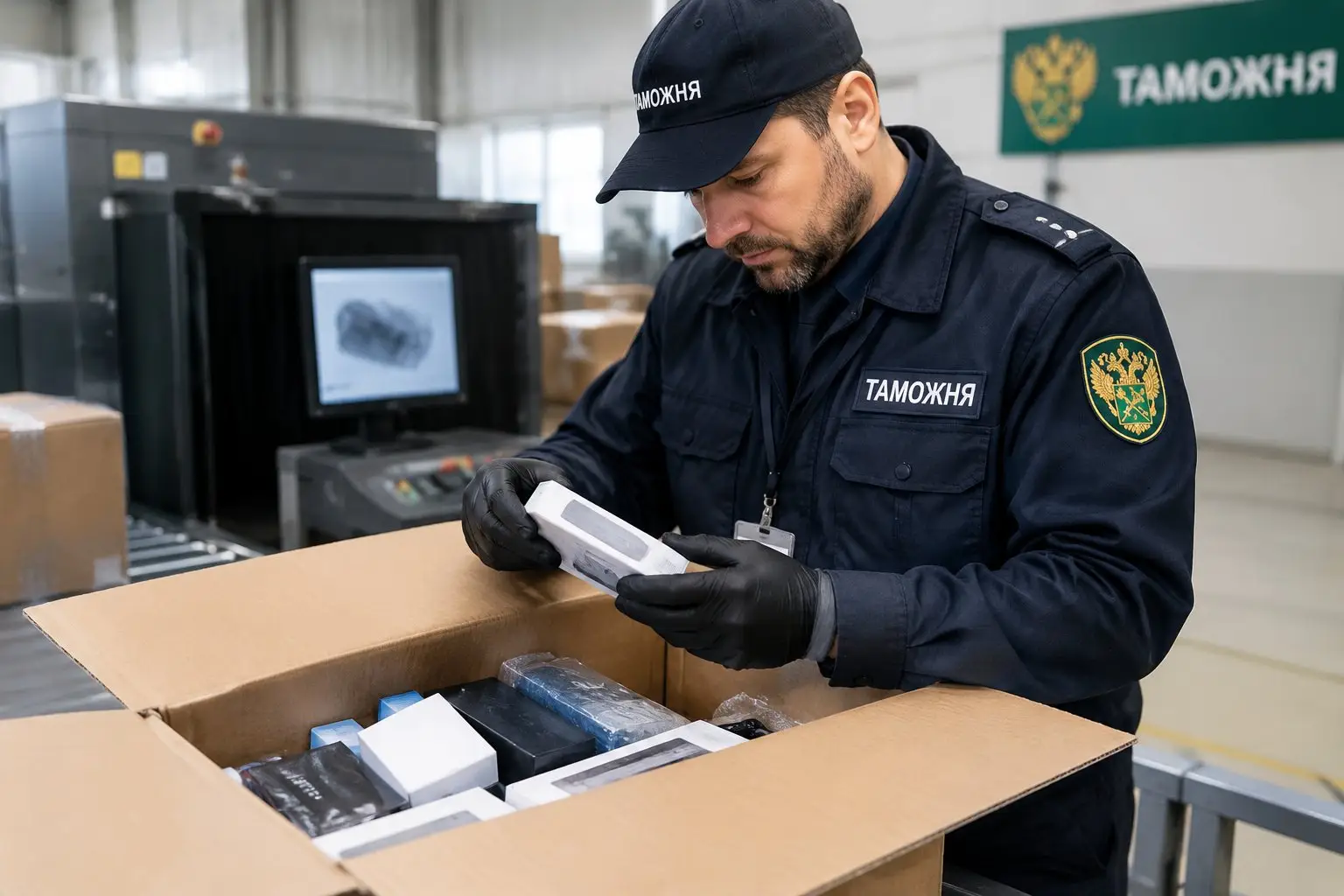таможенный инспектор проверяет содержимое коробки