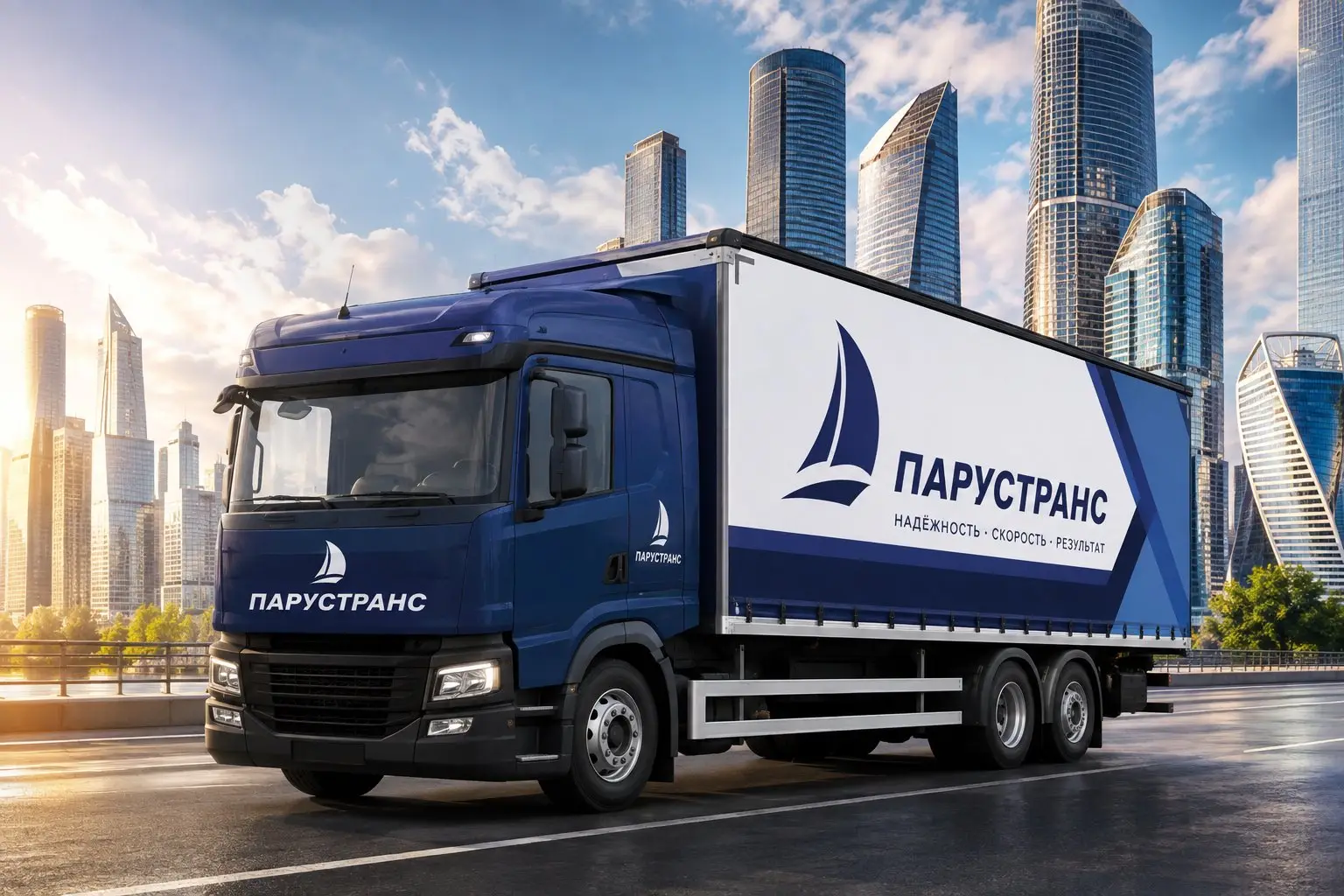 брендированный грузовик Парустранс на фоне городского пейзажа