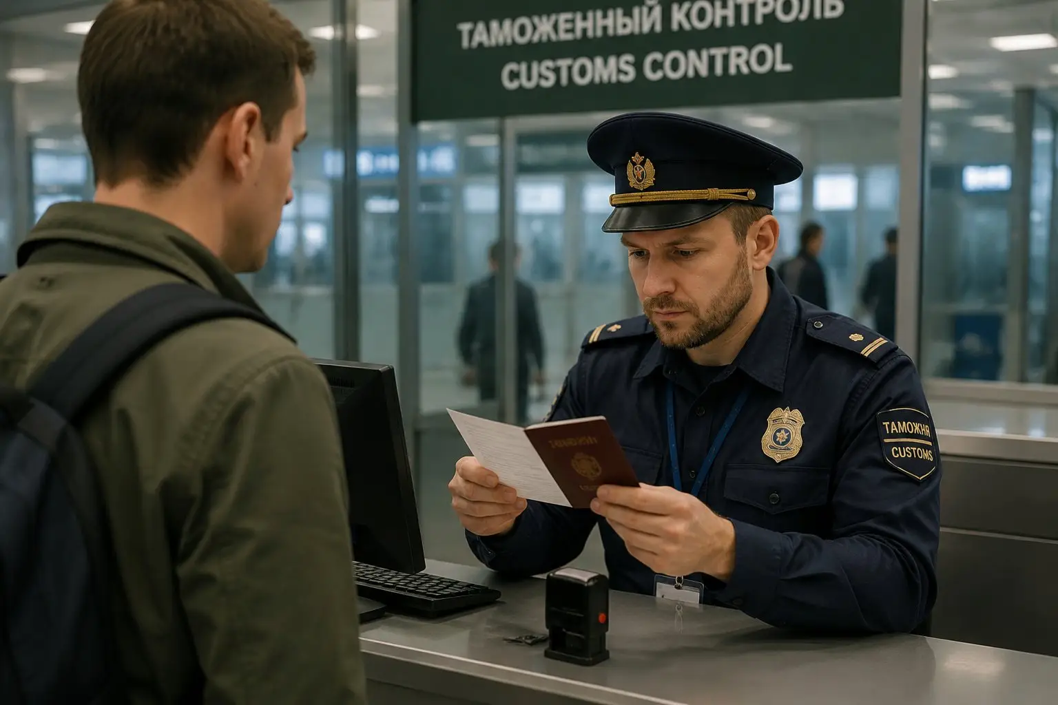 таможенный инспектор проверяет документы